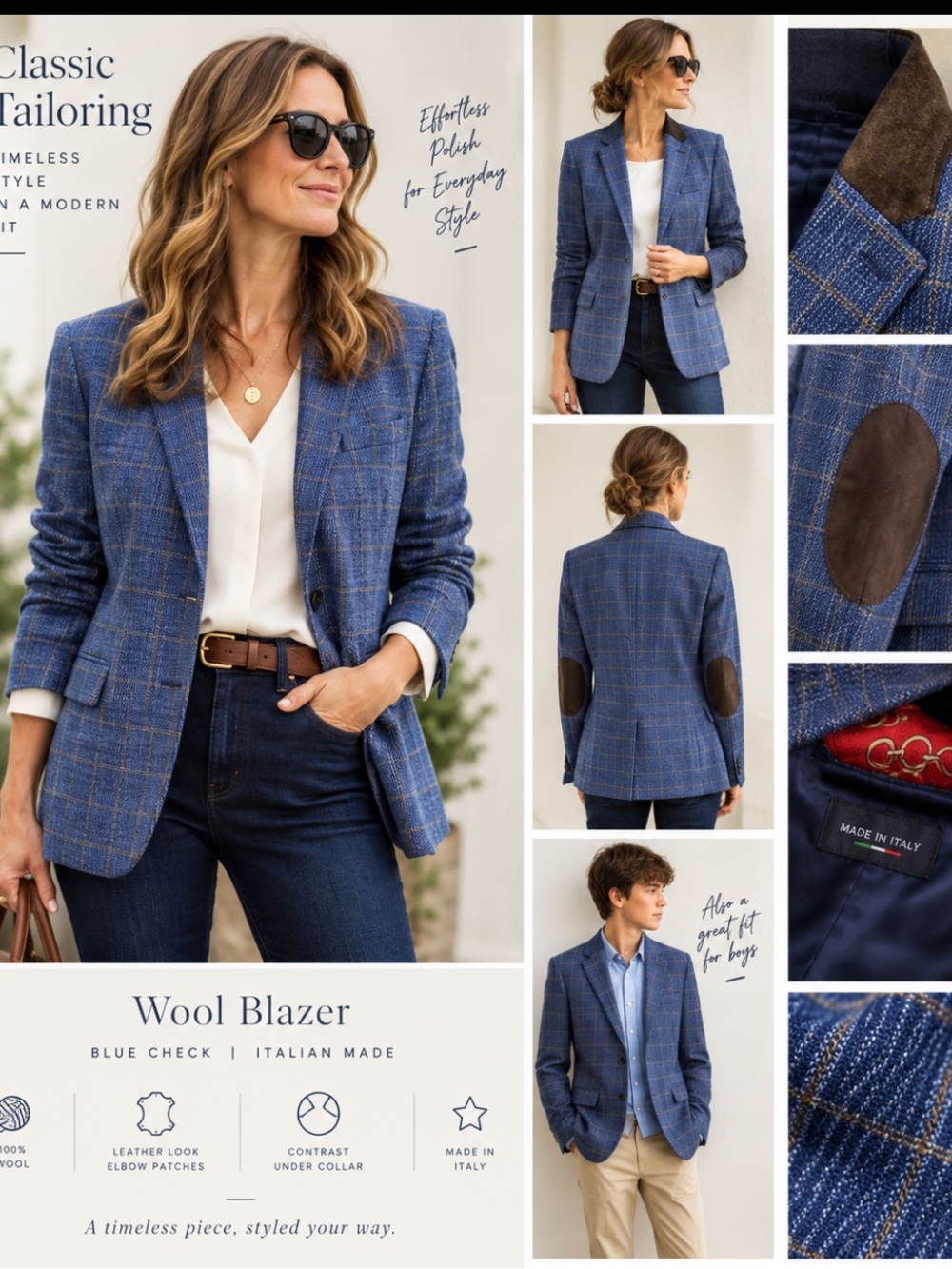 Italian Blue Windowpane Blazer with contrasting trim